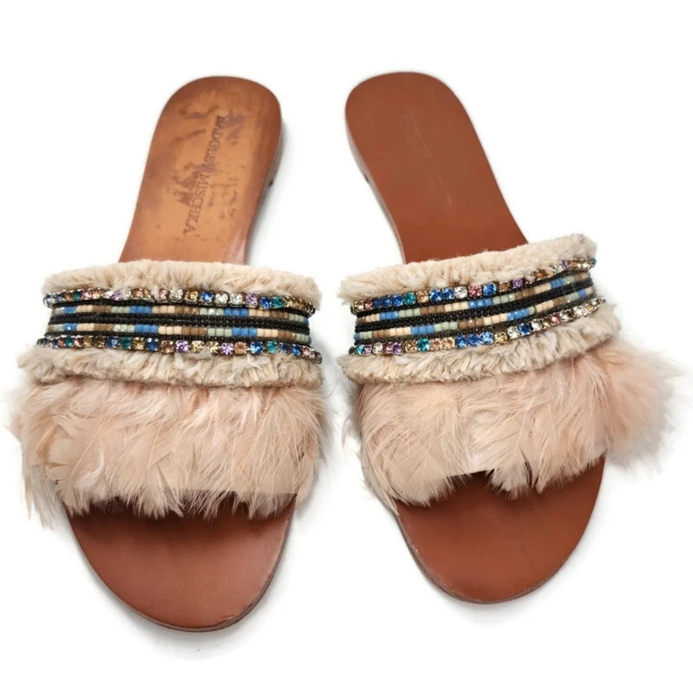 Badgley Mischka Fortune Nude Cream Feathers Beads Open-Toe Flat Slide-On Sandals
